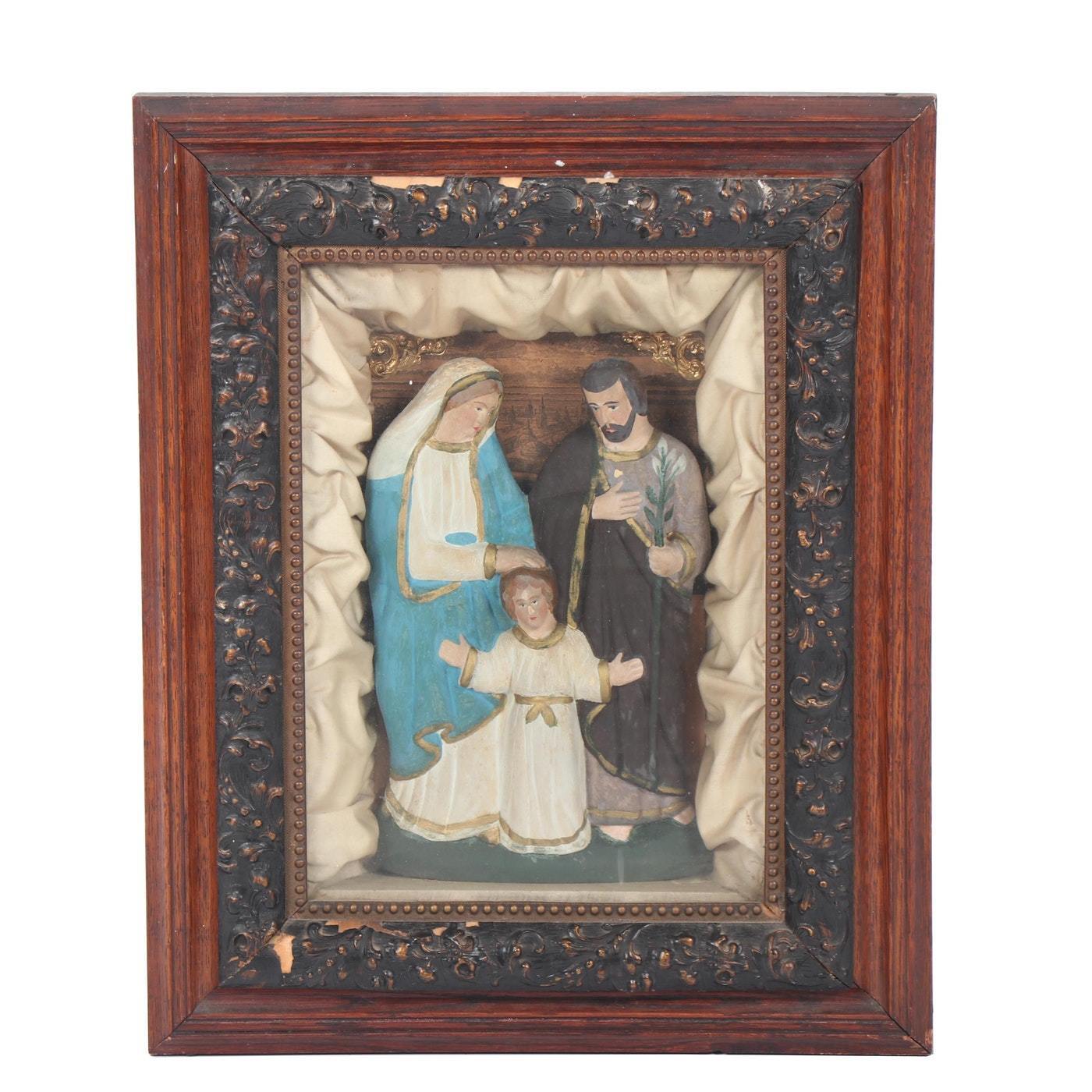 Wonderful Antique Hand-Painted Folk Art Retablo Wood Carving of The Holy Family