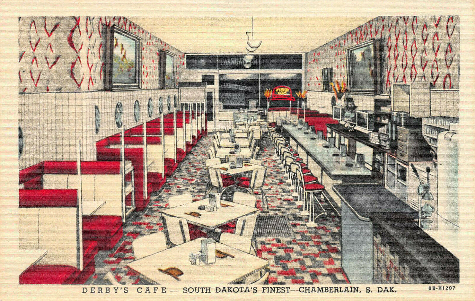 Derby's Cafe, Chamberlain, South Dakota, Early Postcard, Unused 