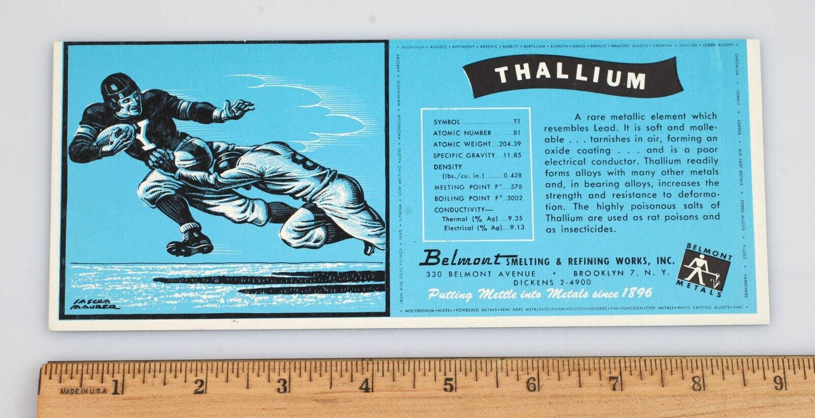 Vintage Advertising Ink Blotter Belmont Metals Sports Thallium Football 