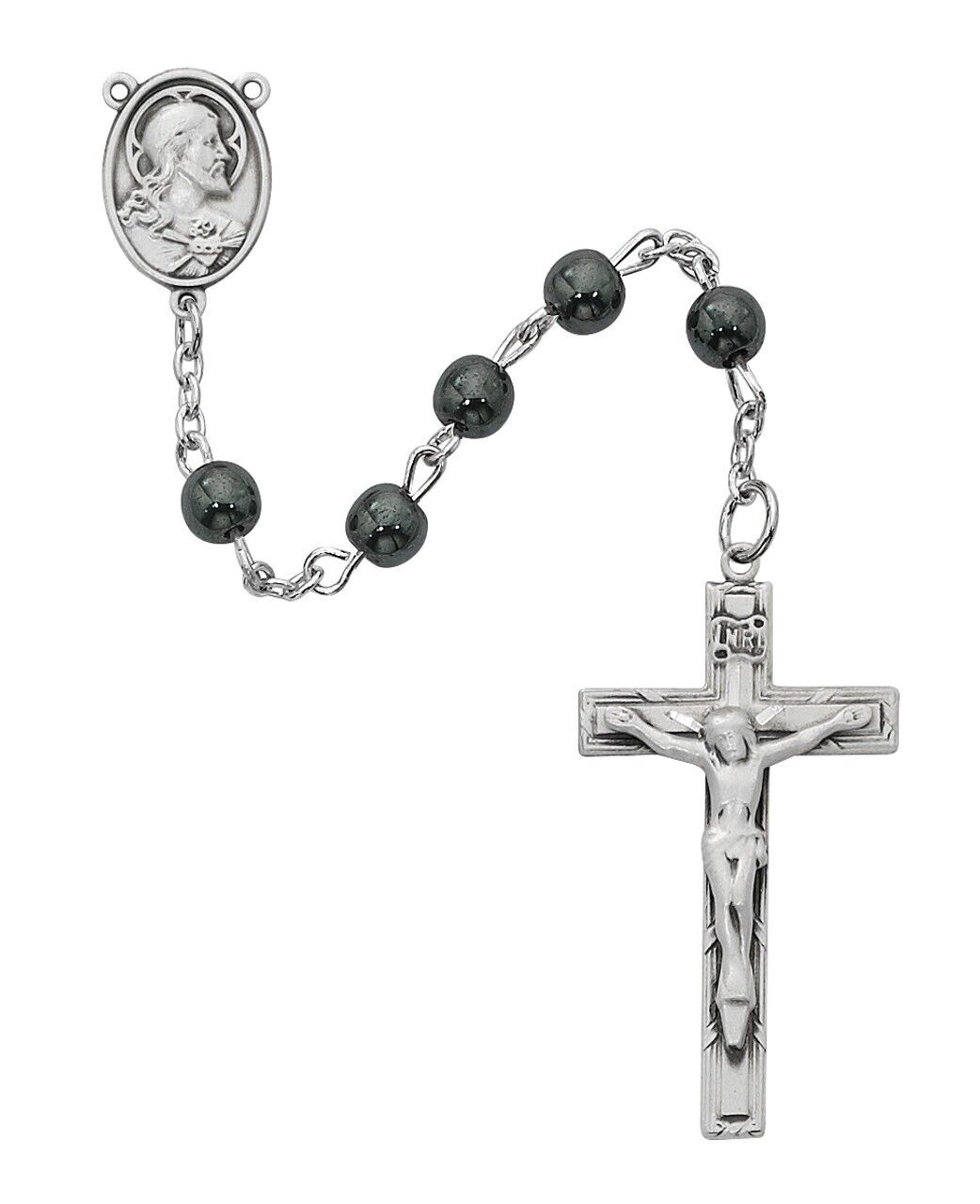 Pewter Silver Toned Sacred Heart Hematite Beads Prayer Bead Rosary for Men 19 In