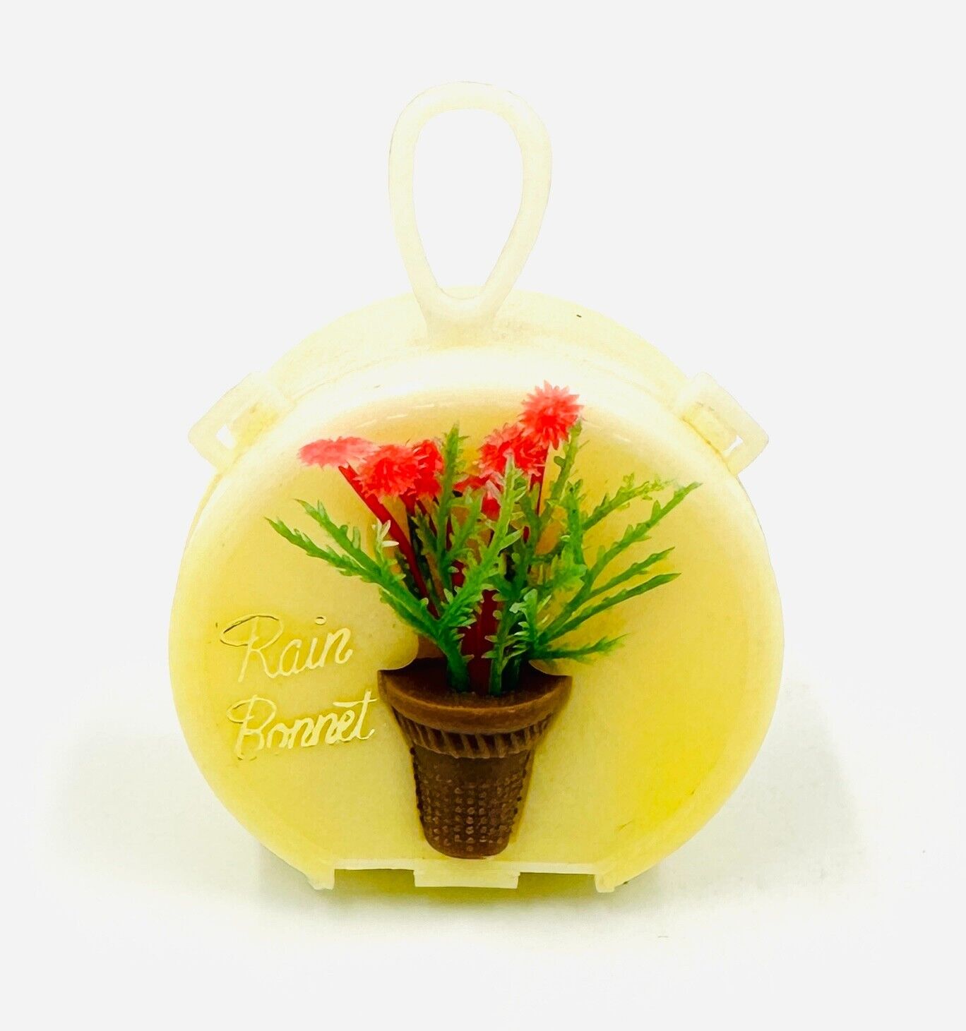 Rain Bonnet Plastic Train Travel Case Mini Flowers Vase Yellow Purse New Vintage