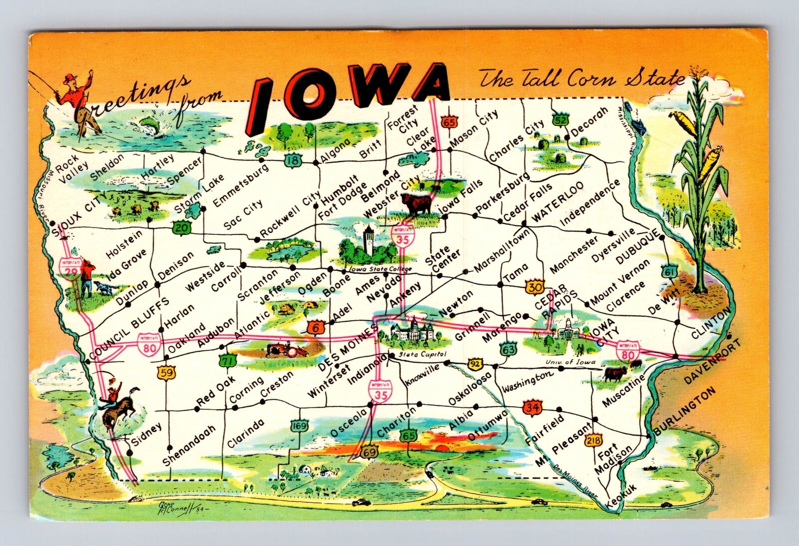 IA-Iowa, General Greetings, State Road Map, Antique Vintage Souvenir Postcard
