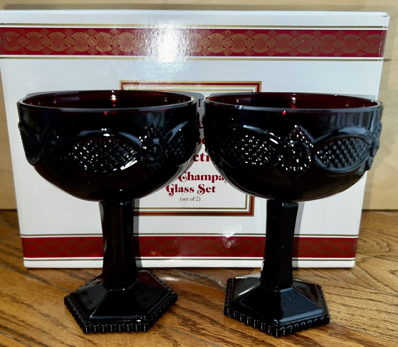 NEW AVON 1876 Cape Cod Collection Ruby Red Champagne Glass Set