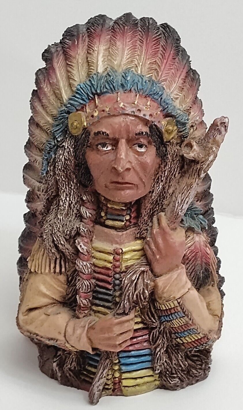 Sculpture Native American Indian Statue Man Brown Peace Pipe Red Feather Band. 
