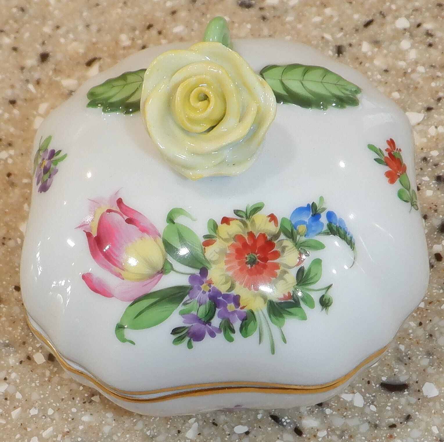Vintage Herend Floral Footed Trinket Box with Figural Yellow Rose- Hungary