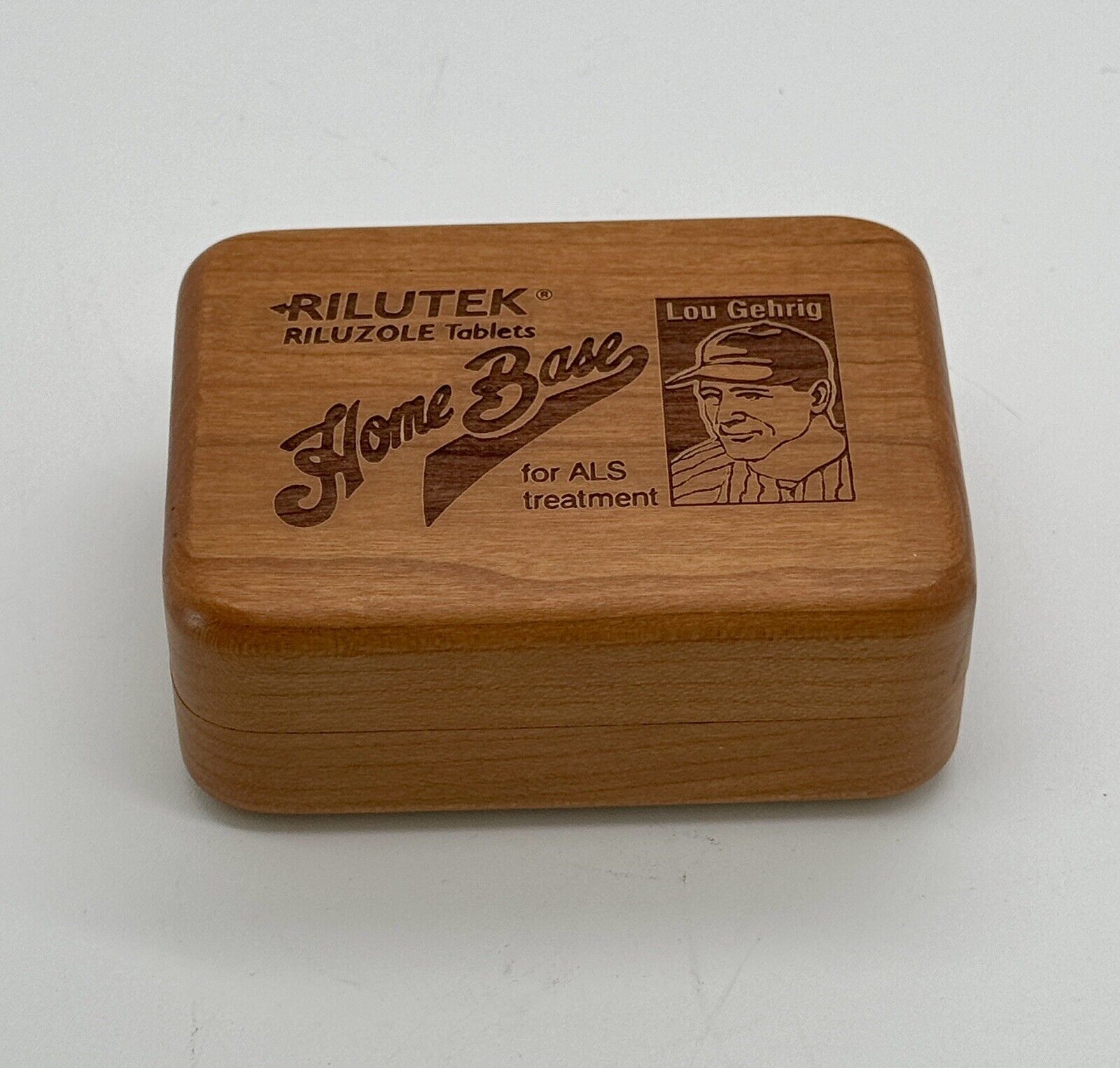 RARE Vintage LOU GEHRIG ALS Rilutek Drug Rep Promo Wood Pill Box **YANKEES**