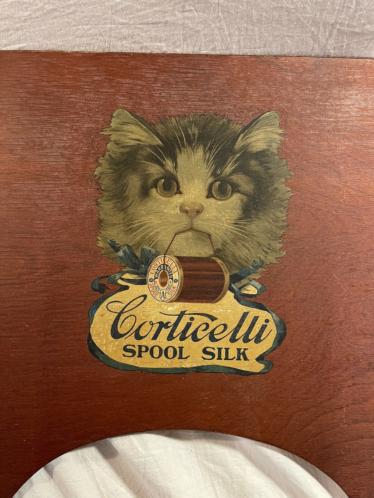 Antique Orig Corticelli Kitten Cat Advertising Silk Thread Lap Tray Work Table
