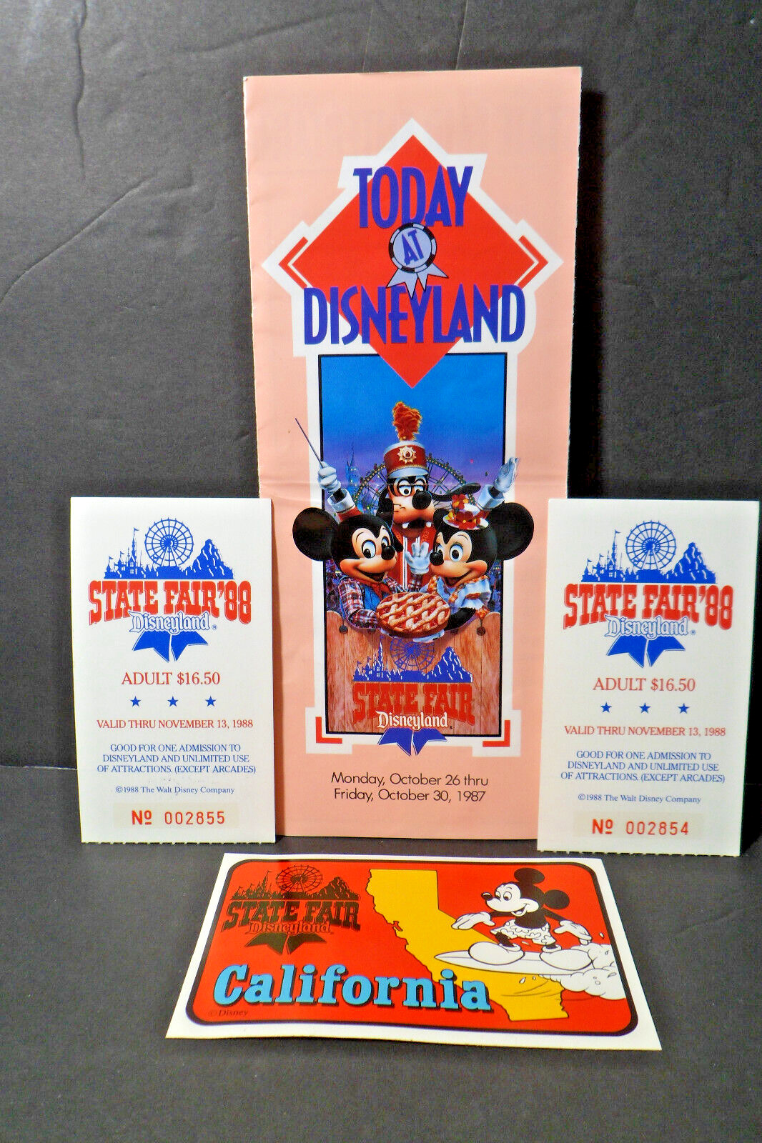 1988 Disneyland State Fair -Today Guide, 2 Tickets, California Sticker -Lot of 4