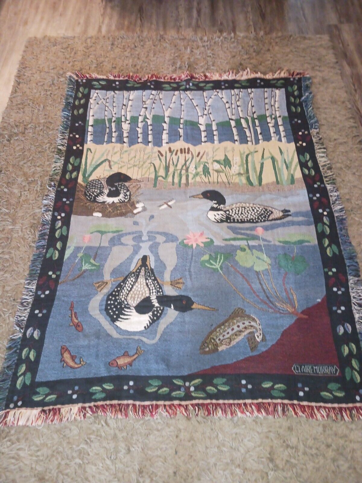  Vintage Claire Murray Pond Fish Ducks Cabin Woven Tapestry Throw Blanket 