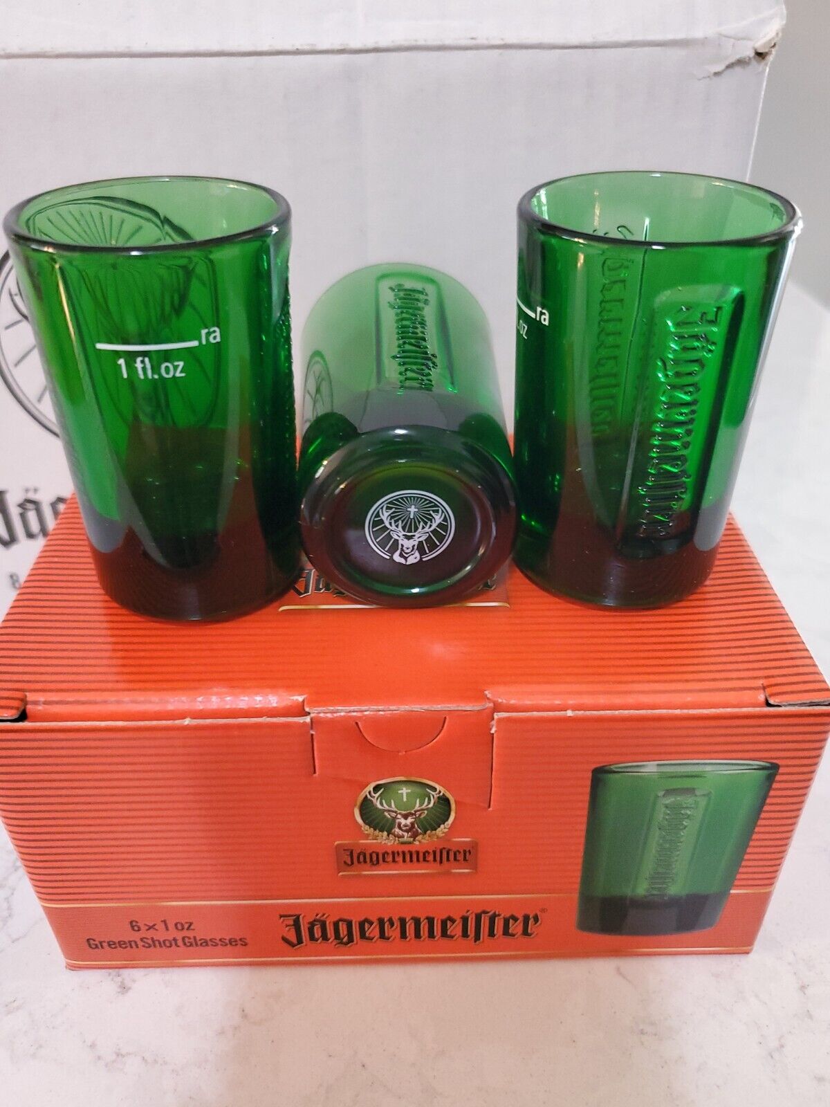 48 Jagermeister Green Glass Shot Glasses.. 8 Sets of 6 With Embossed Logo.. New