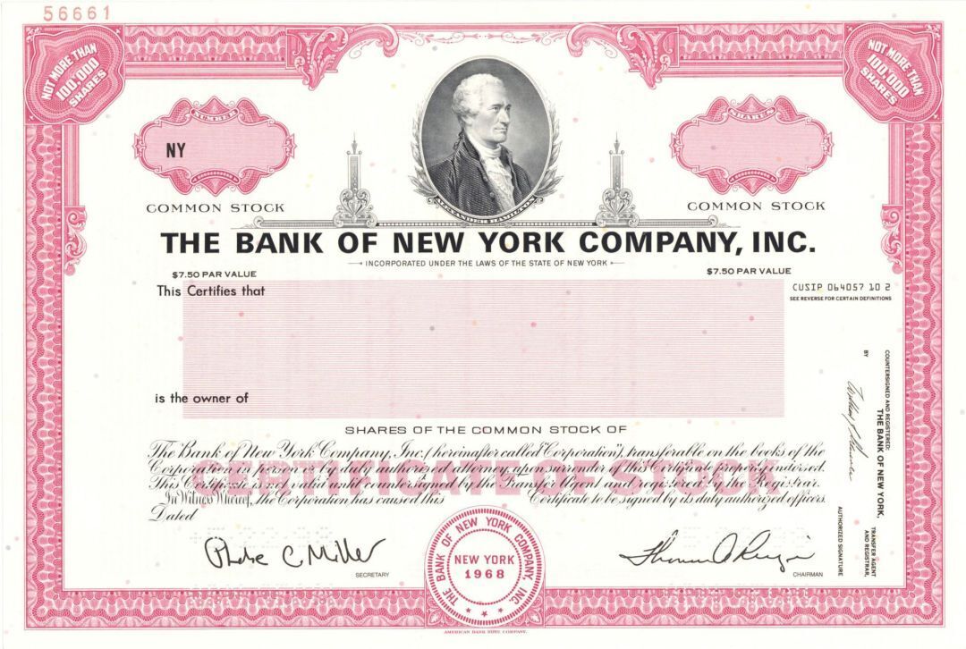 Bank of New York Co., Inc. - 1998 dated Specimen Stock Certificate - Alexander H
