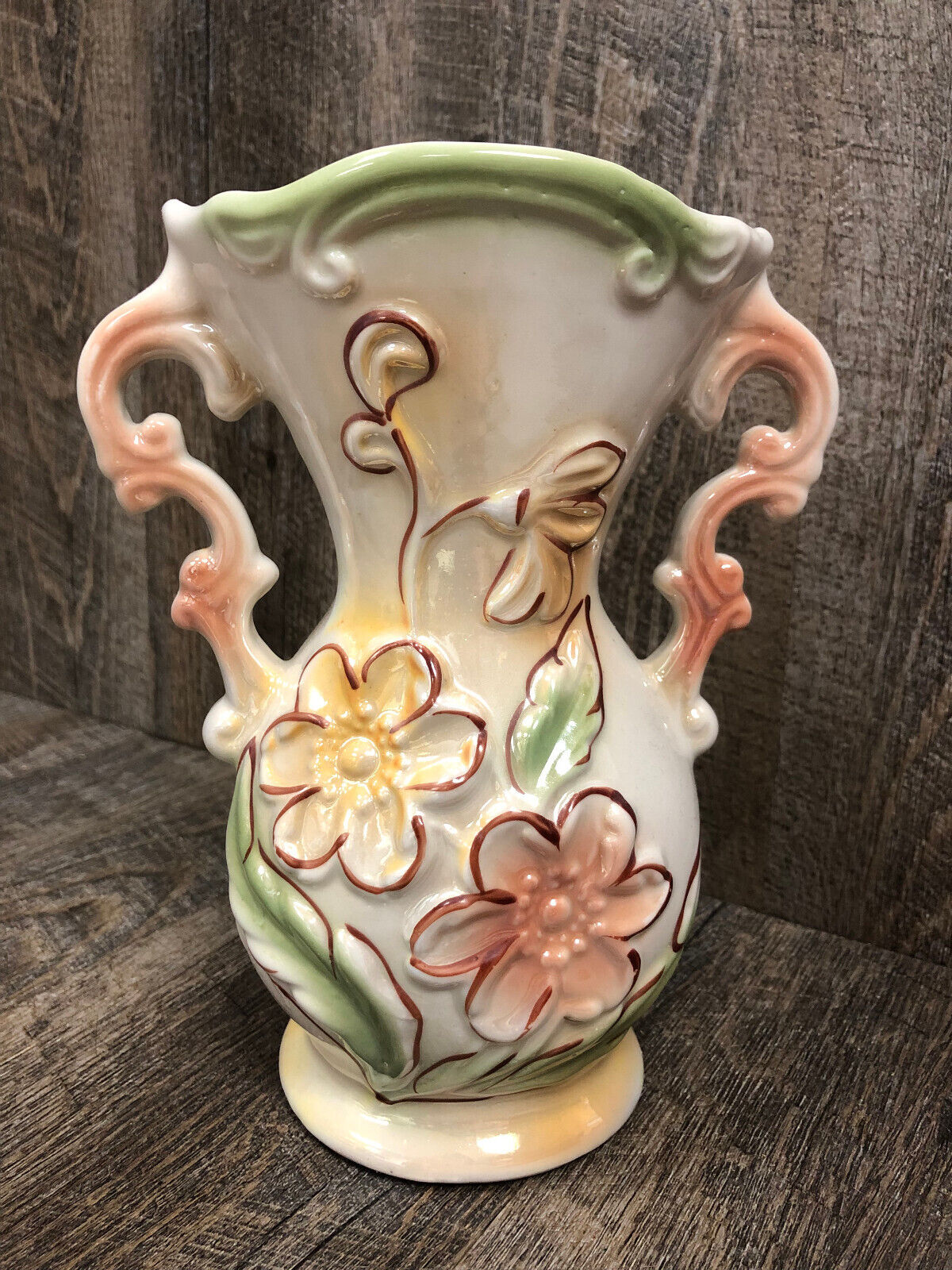 1925 Vintage Lusterware Vase Made in Brazil Floral Iridescent Porcelain EXC