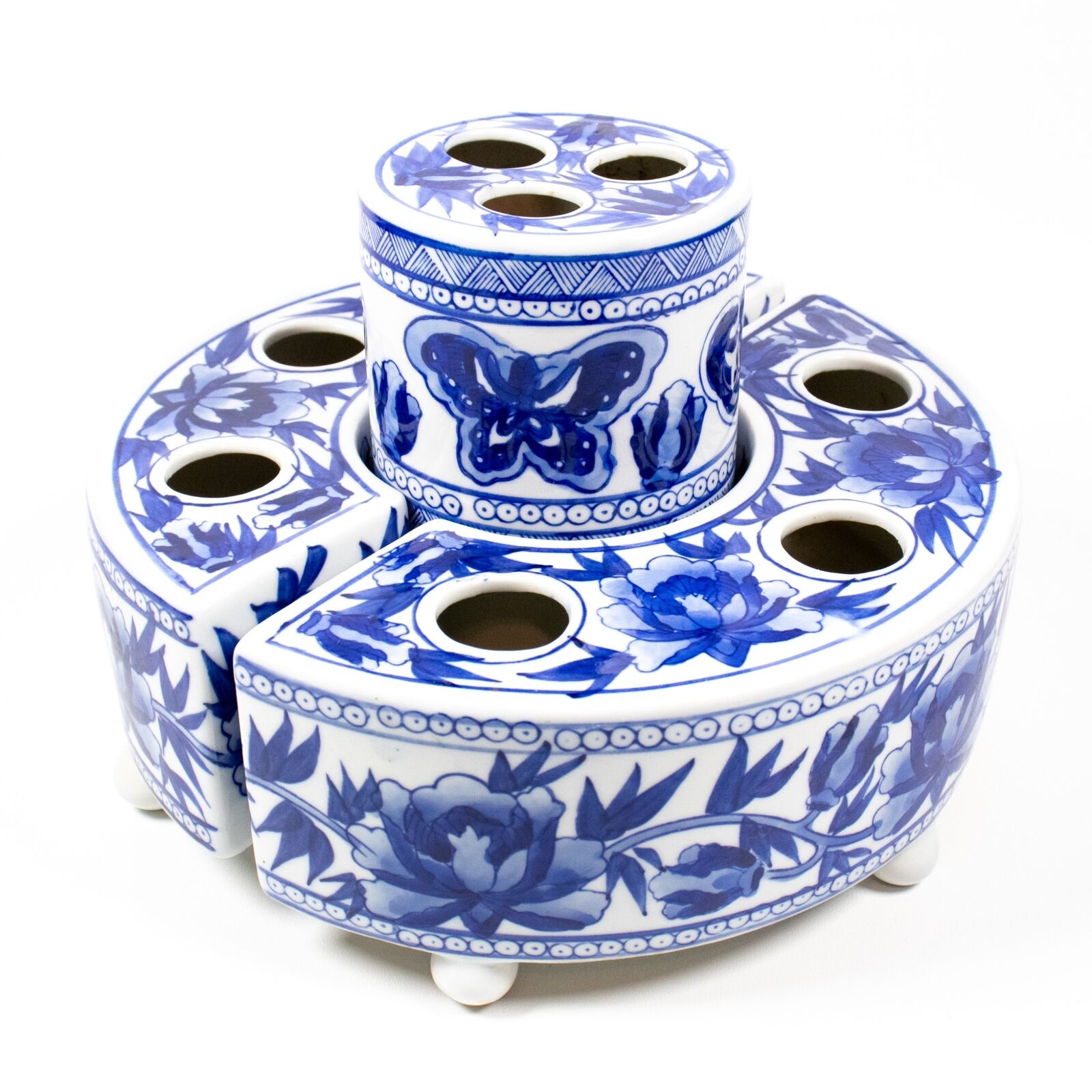 Vintage Lillian Vernon Chinoiserie Flower Frog Vase Blue White Porcelain 3 Piece
