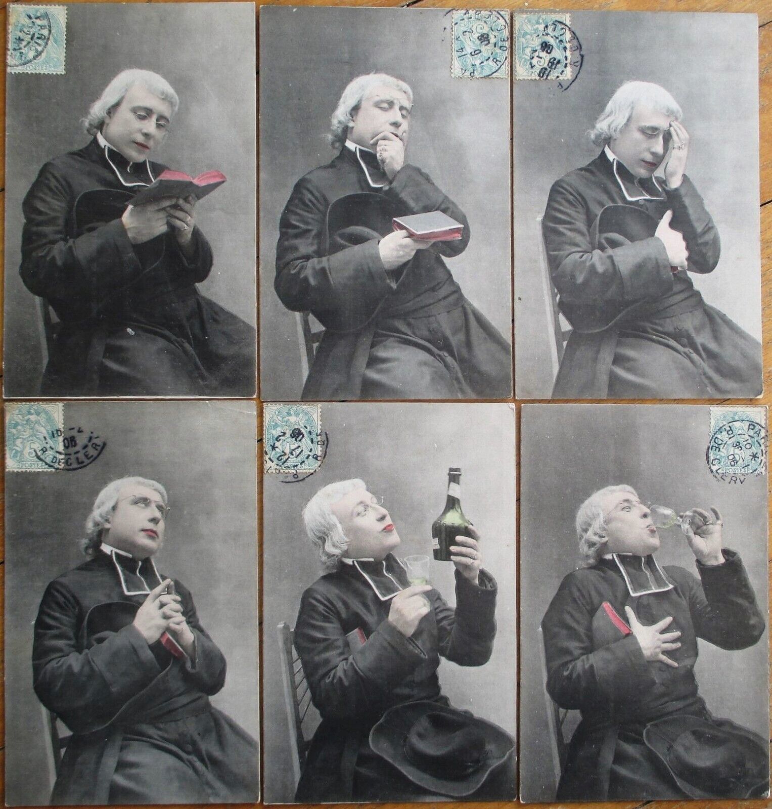 Drinking and Reading Priest 1906 French Fantasy Postcard Set of Six, Benedictine