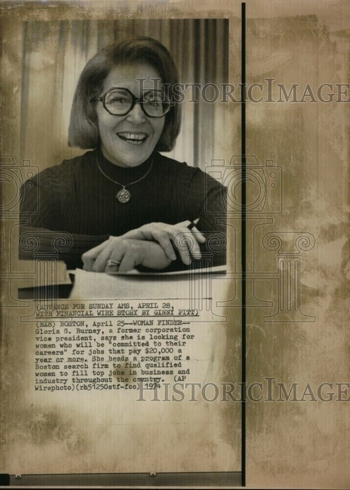 1974 Gloria Burney heads program Boston search women fill top jobs 8X11 Photo