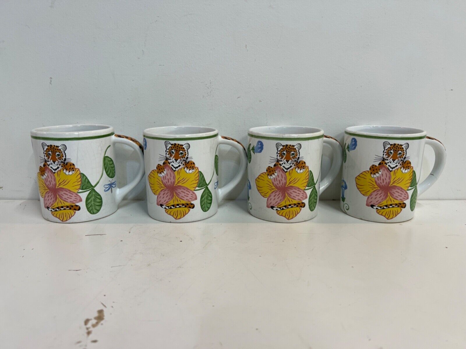 Vintage Lynn Chase Porcelain “Jungle Flowers” Set of 4 Mugs