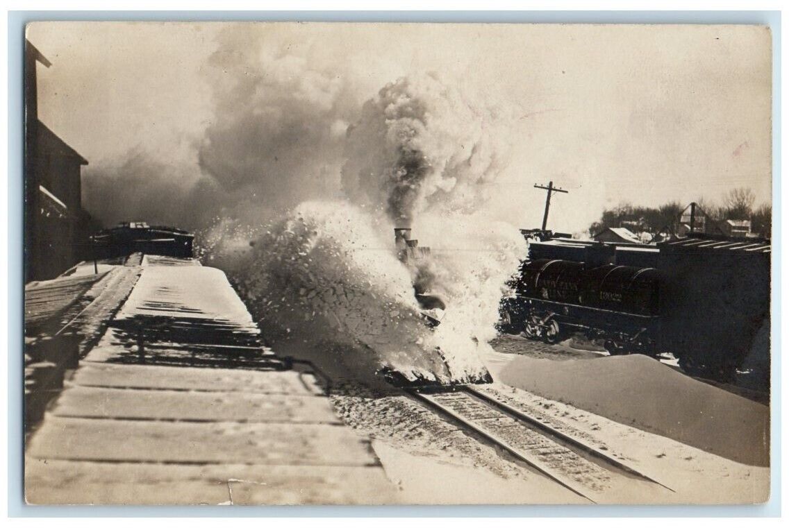 c1910's Railroad Train Engine Snow Plow Depot View Canada RPPC Photo Postcard