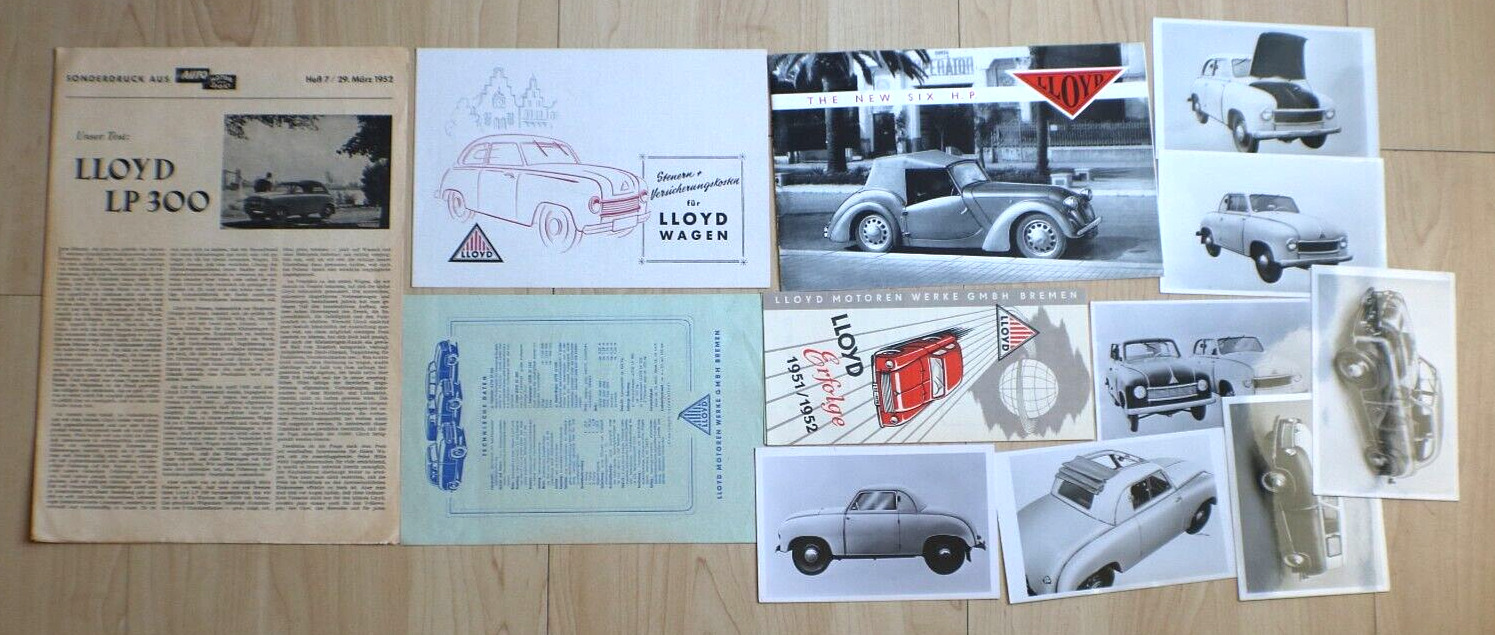 1951-52 lloyd cars  dealer sales  brochures , spec sheets,press photos original