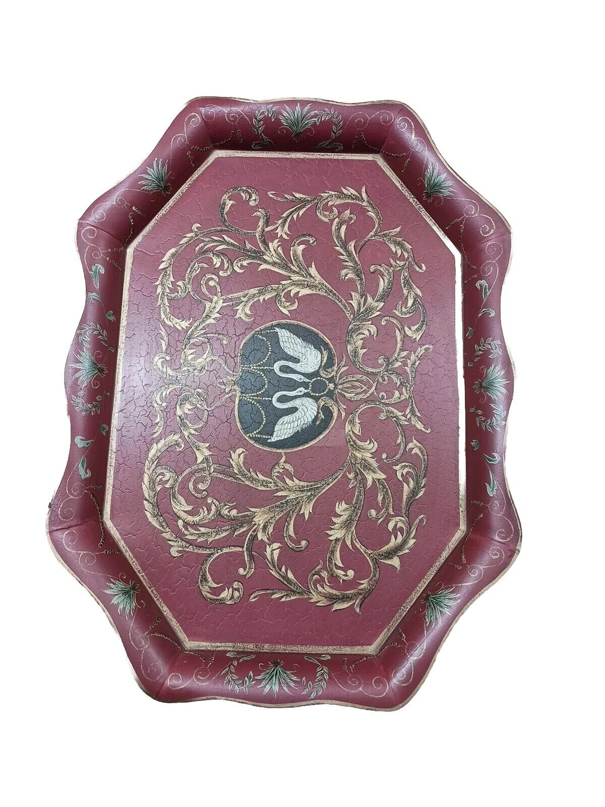 Vintage Serving Tray Pennsylvania Dutch Inspired Red Swan HandPainted Sheet Iron