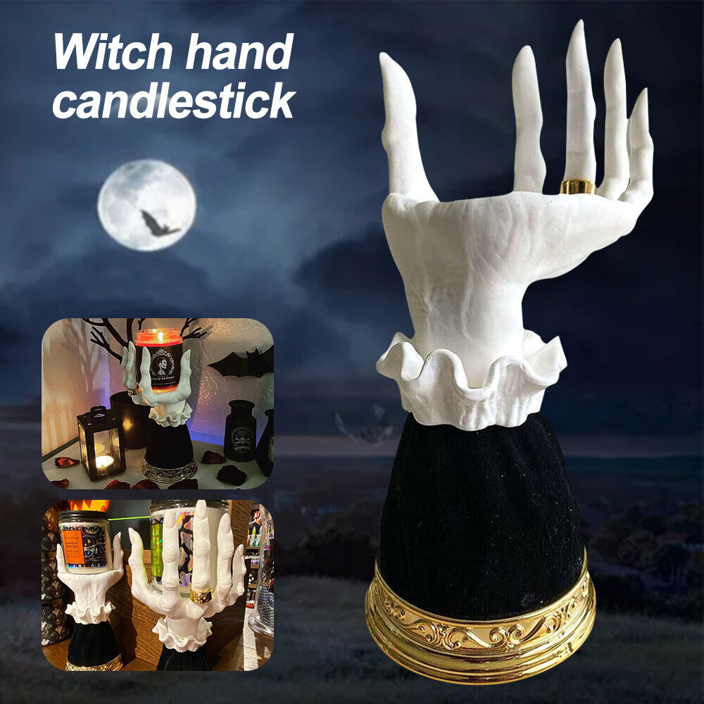 Halloween 2023 Witch Hand Candle Holder Pedestal Single Wick Resin Candlestick