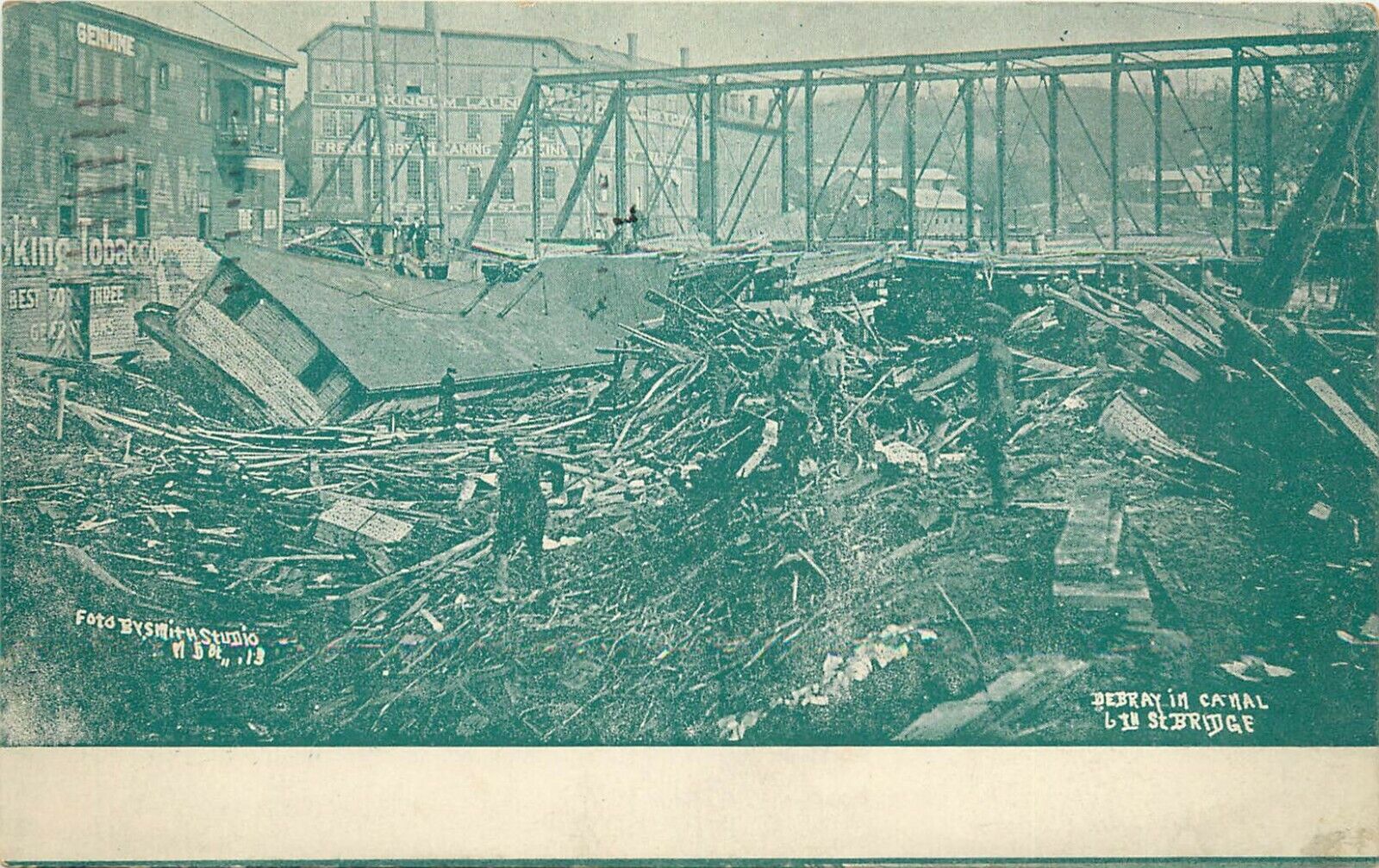 c1913 Postcard; Zanesville OH Debris in Canal at 6th Street Bridge after Flood