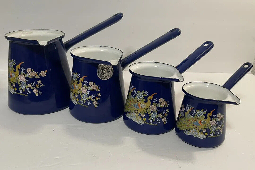 Vintage Turkish Colbolt Blue Pot Set Of Four Made in Romania Different Sizes