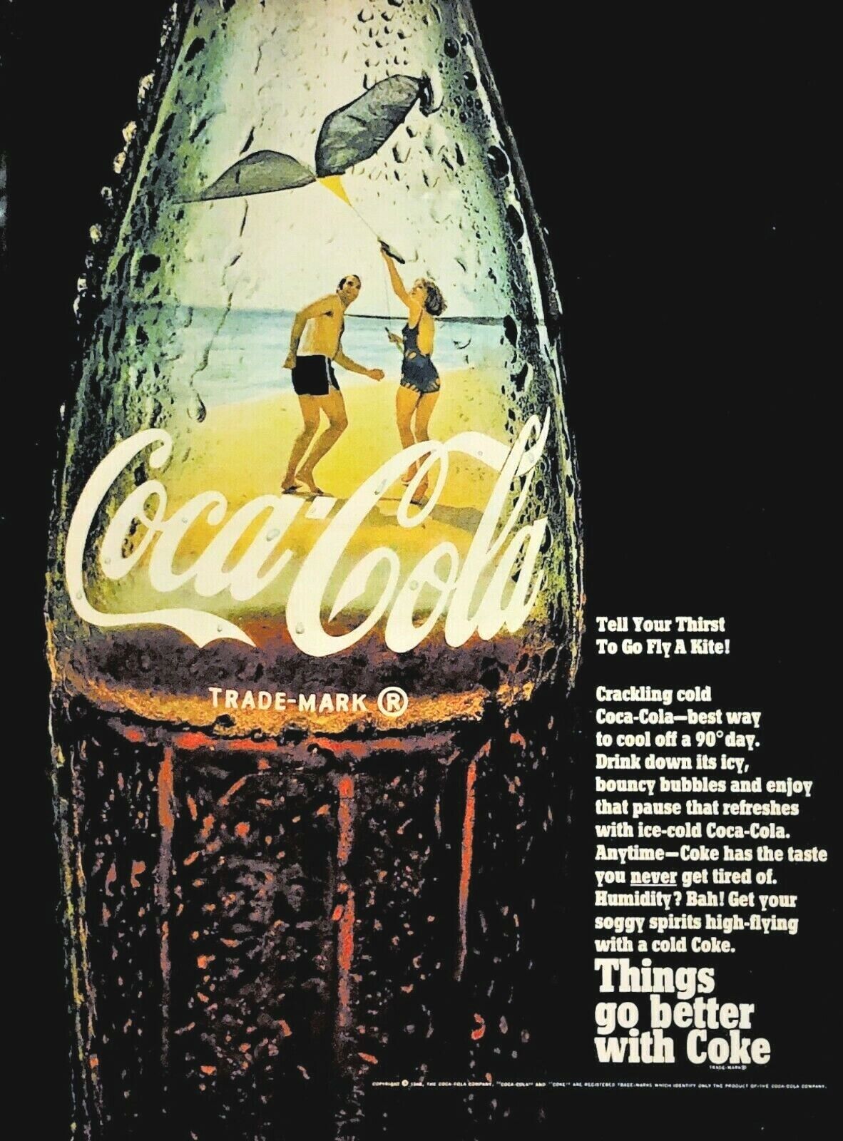 1968 Coca Cola Vintage Print Ad Kite On Beach Things Go Better With Coke 