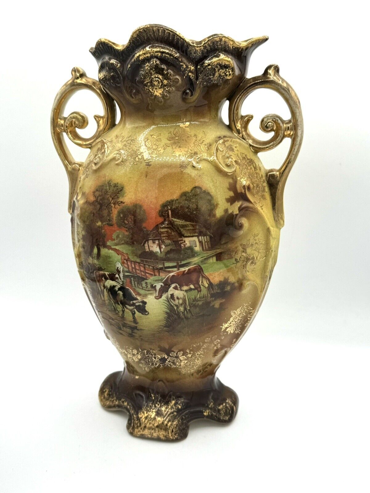 Victorian English Vase With Cows And Cottage