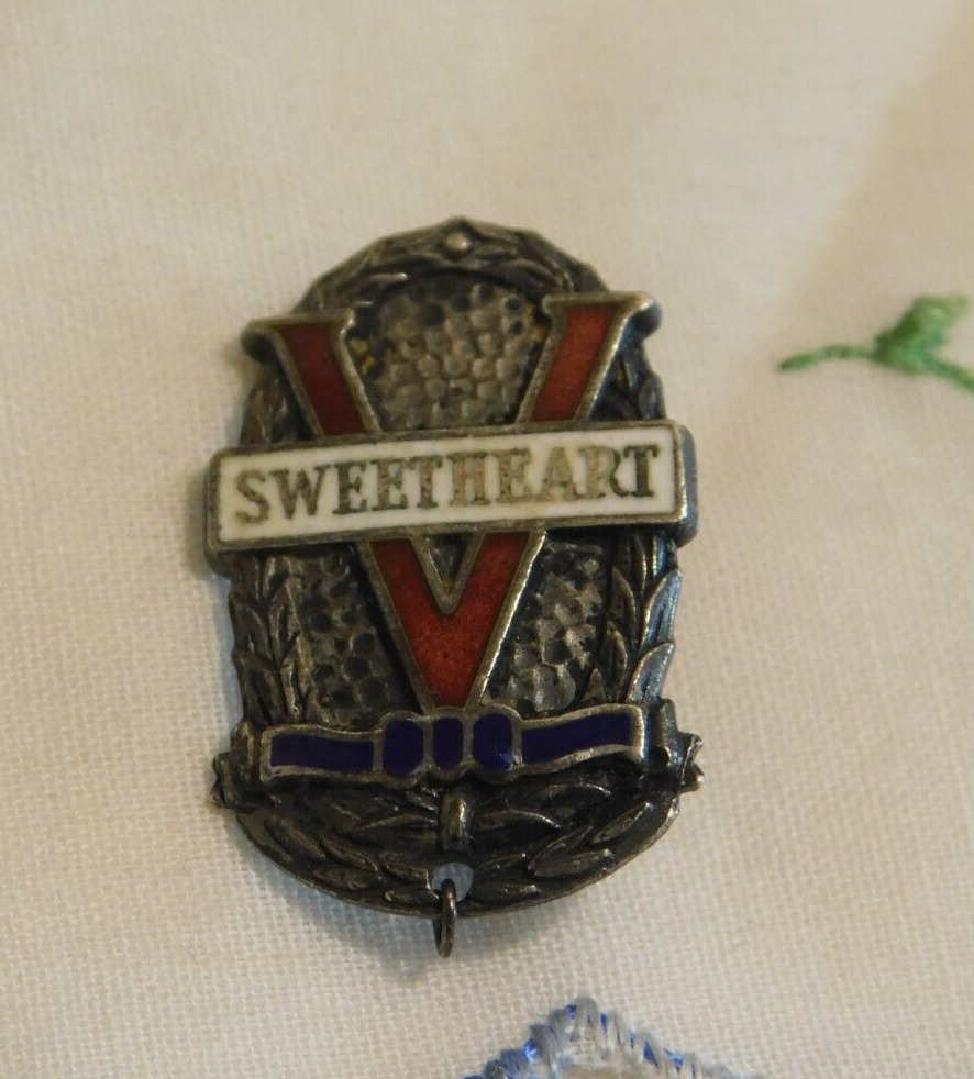 Antique Victory Sweetheart Sterling Silver & Enamel Pin