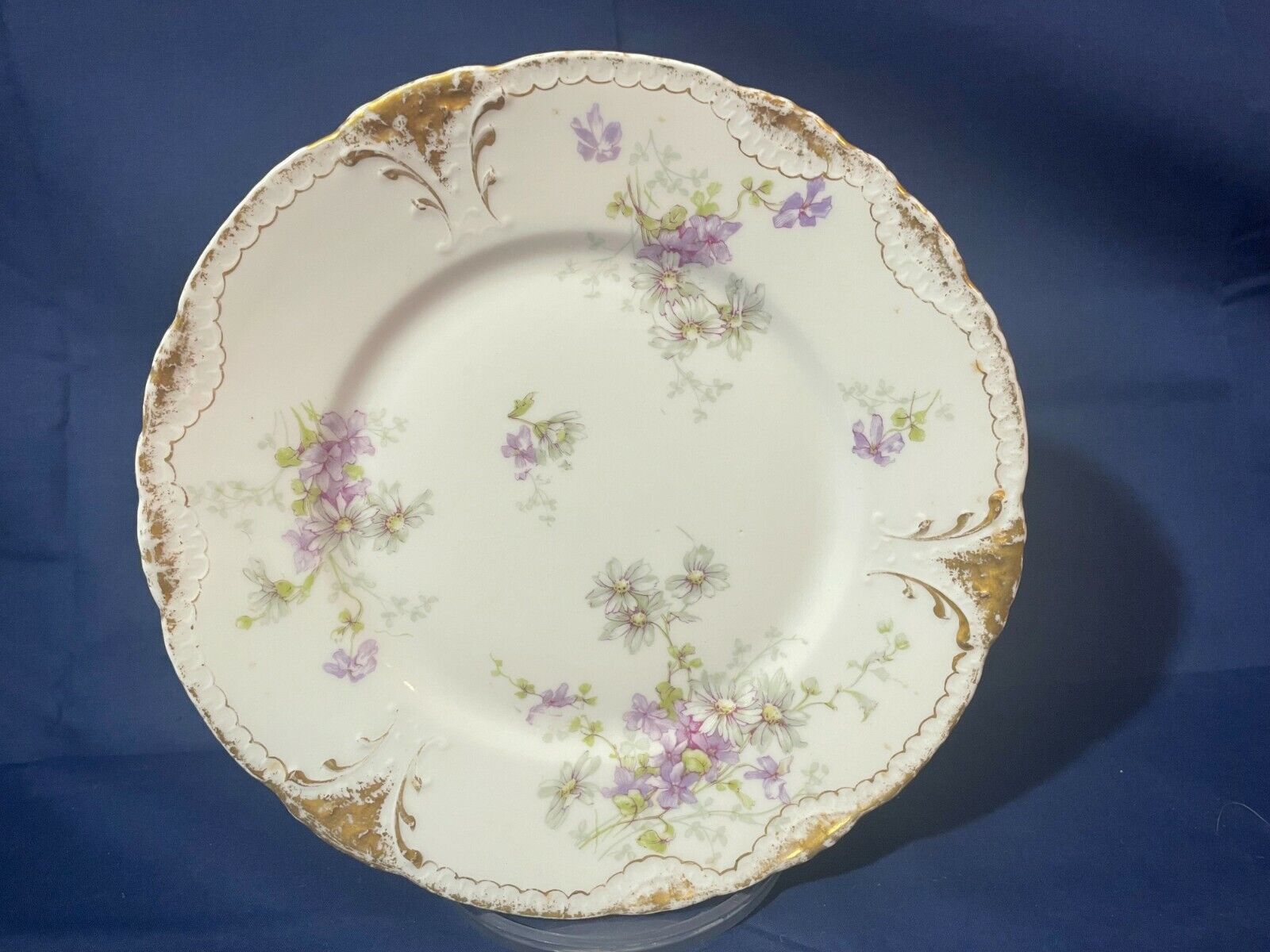 Vintage Theodore Haviland Limoges France White/Purple Flower Gold 8” Salad Plate