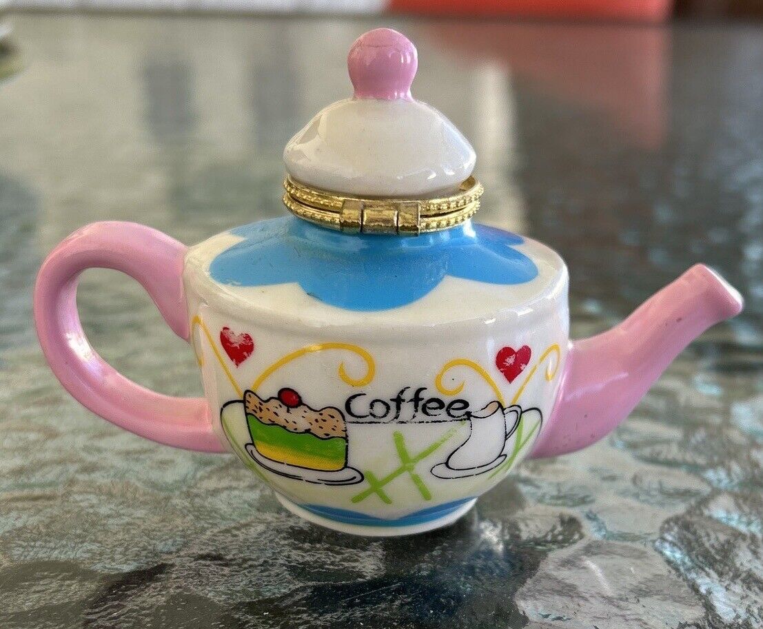 Coffee Pot Trinket Box with Cake and Heart Design Porcelain Vintage