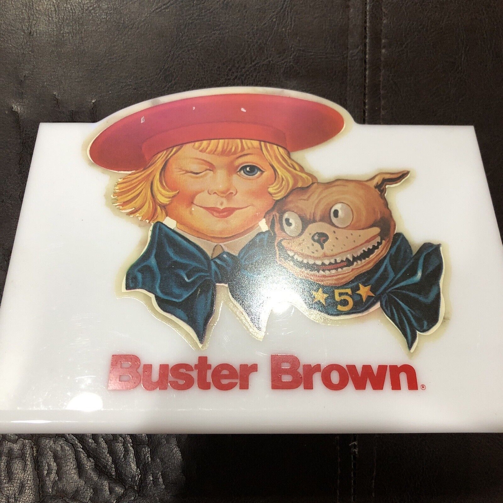 Vintage BUSTER BROWN SHOE STORE Plastic COUNTER DISPLAY SIGN With Decal