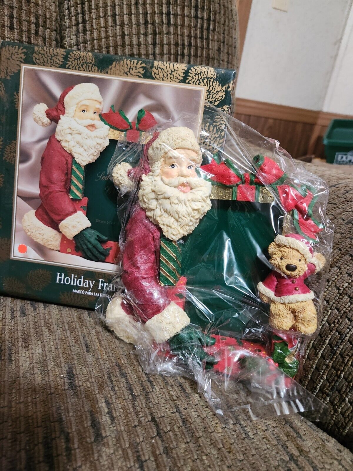 Vintage Holiday Time Christmas Picture Frame Santa Teddy Bear JC Penney 8x8in