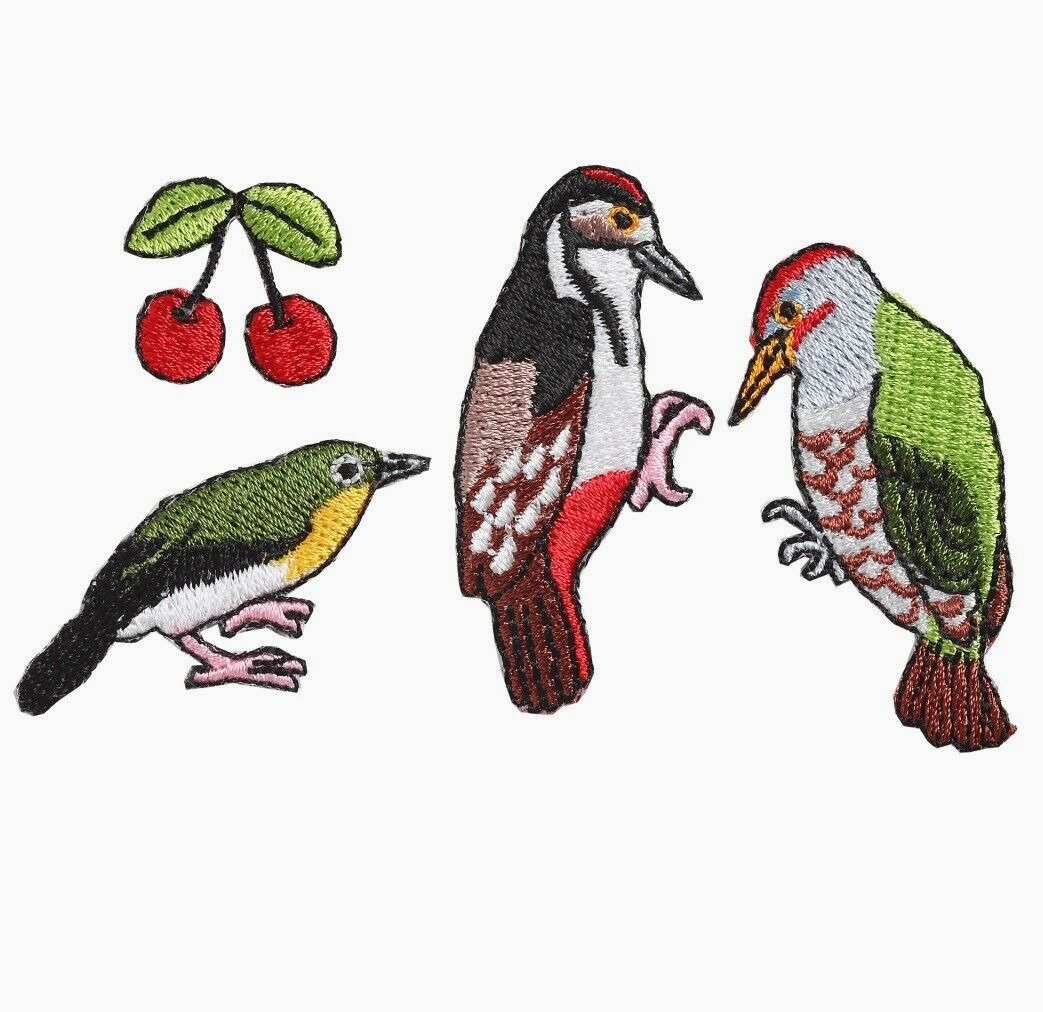 Japanese Embroidered Patches Birds & Cherry 4pcs Iron On Applique Woodpeckers