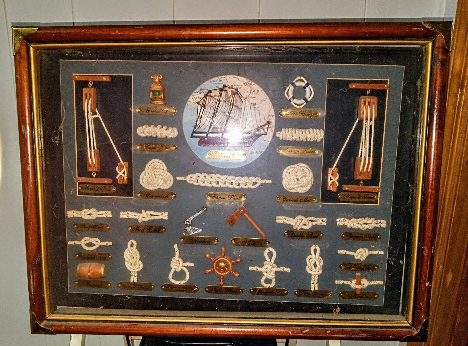 Vtg Nautical Sailor Ship Sailboat Shadow Box Knot Board Wall Picture Frame