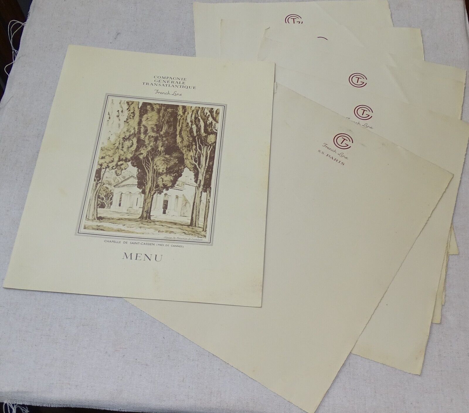 CGT French Line 1937 Dinner Menu & 6 unused sheets of stationery paper
