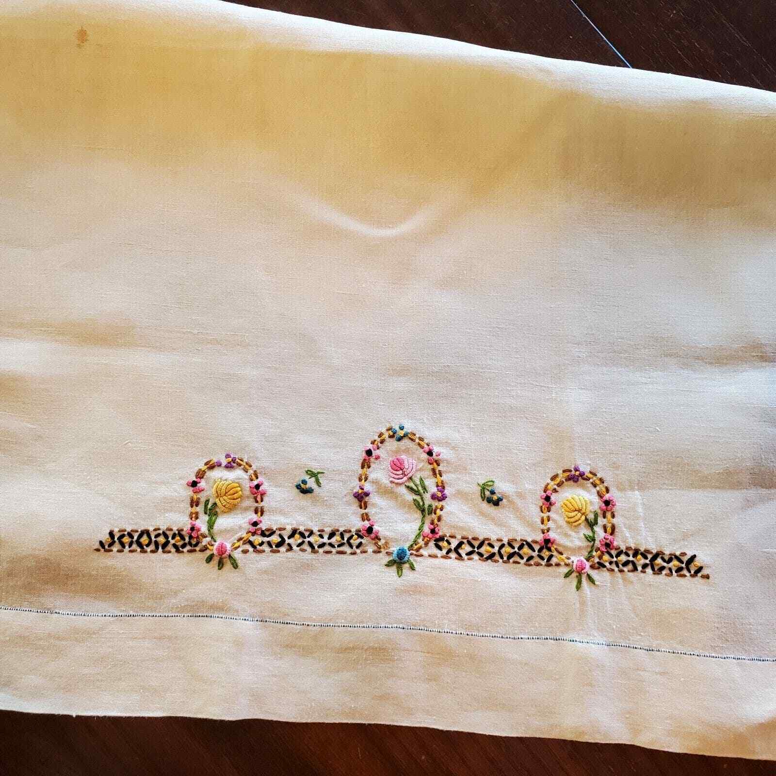 Vintage Hand Embroidery Linen Table Runner Flowers 26x18 Inch