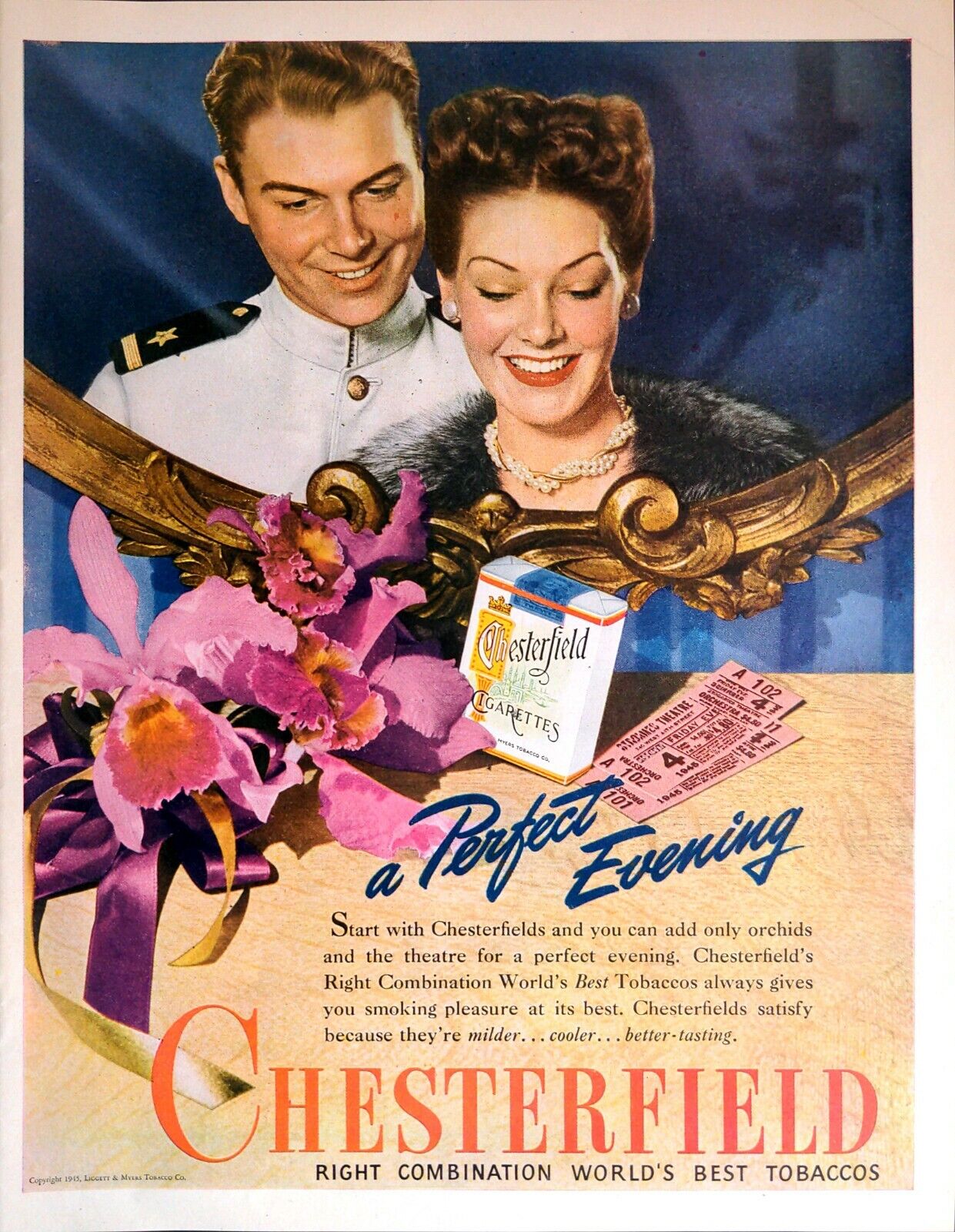 1945 Chesterfield A Perfect Evening Orchids Theater  WW2 Era Print Ad