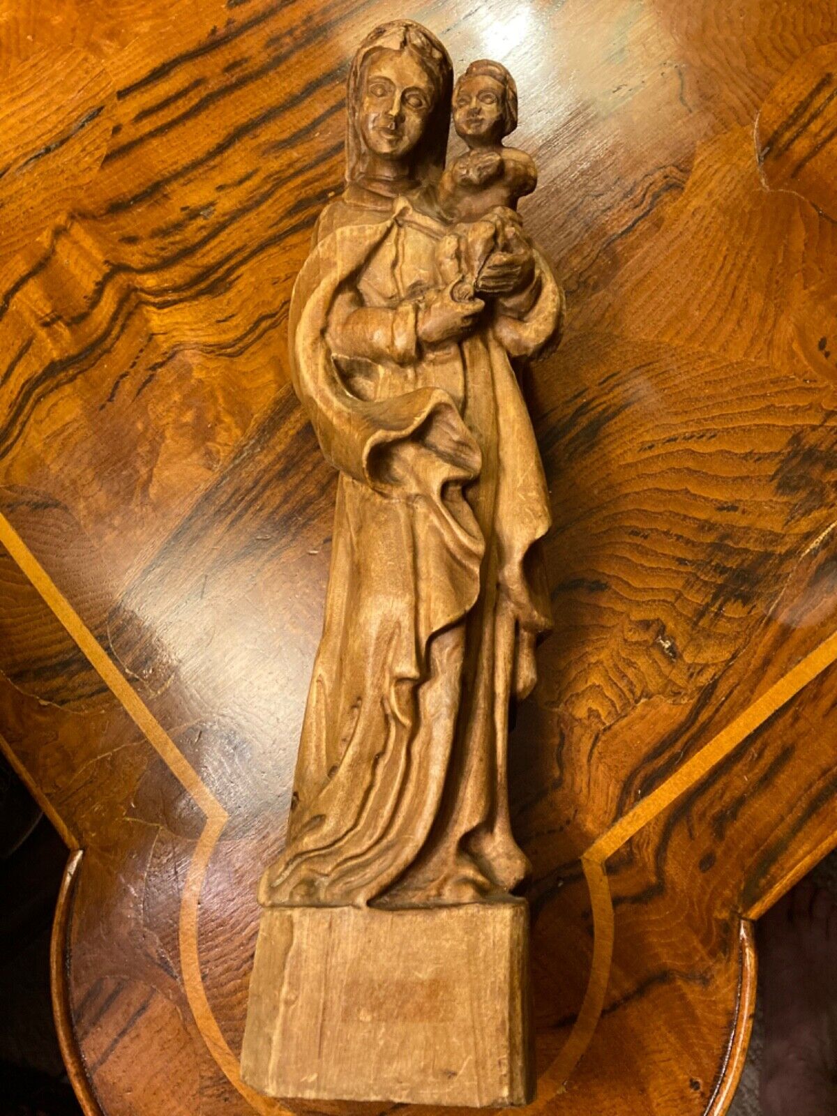Vintage Carved Statue Virgin Mary and Child Madonna and Baby Jesus Holding Globe
