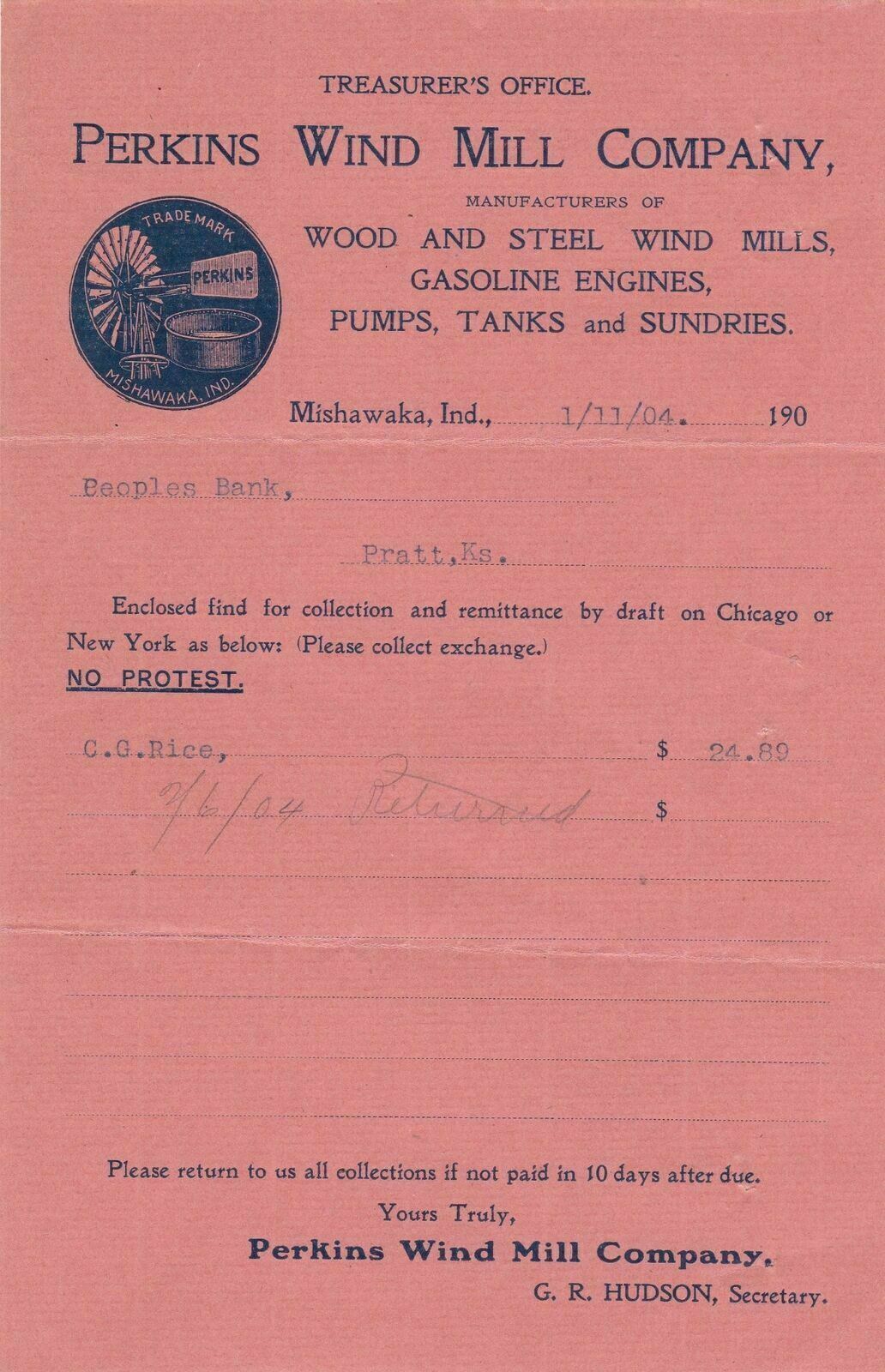 U.S. Perkins Wind Mill & Fix Co. 1904 Mishawaka TradeMark Logo Invoice Ref 43446