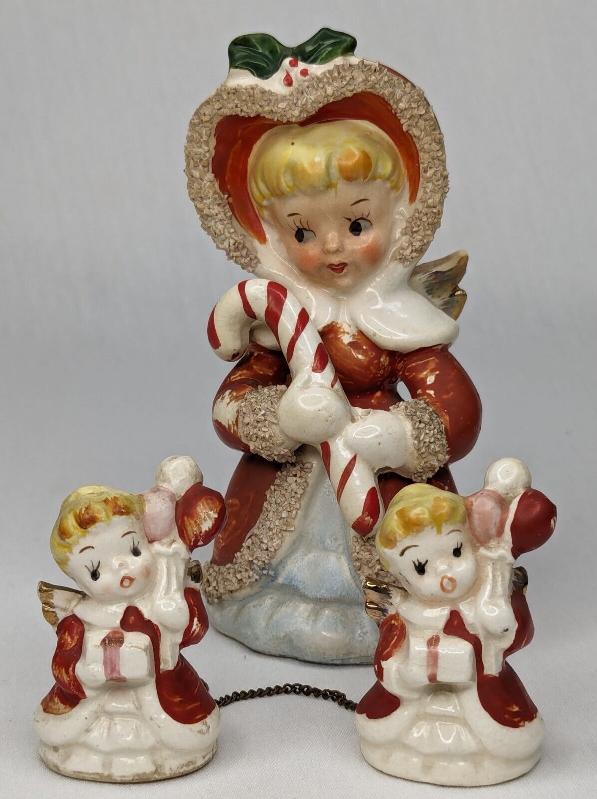 Vintage Tilso Japan Ceramic Christmas Angel w/ Candy Cane & Chained Baby Angels