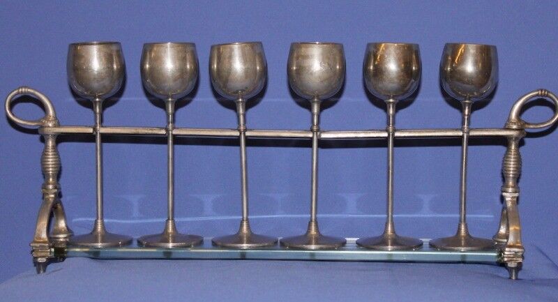 Antique Set 6 Metal Goblets With Stand