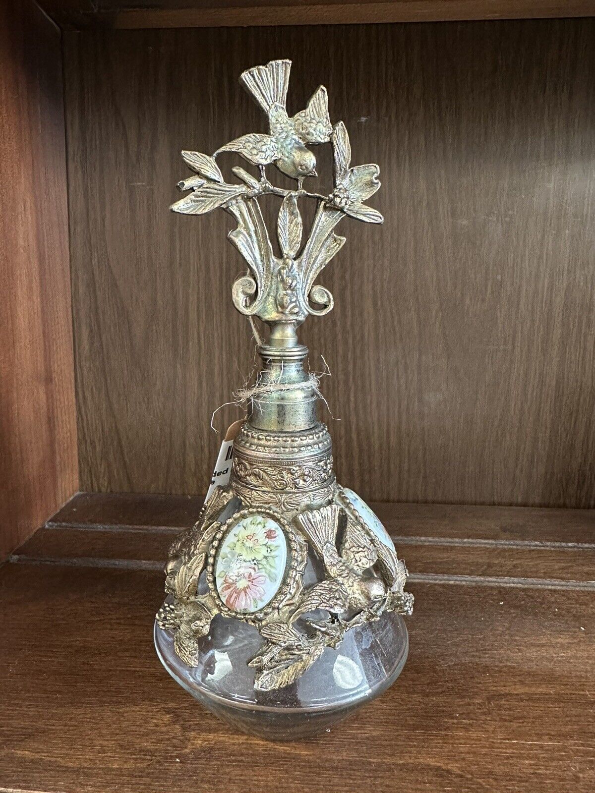 Vintage ormolu bird flowers perfume bottle with glass dauber