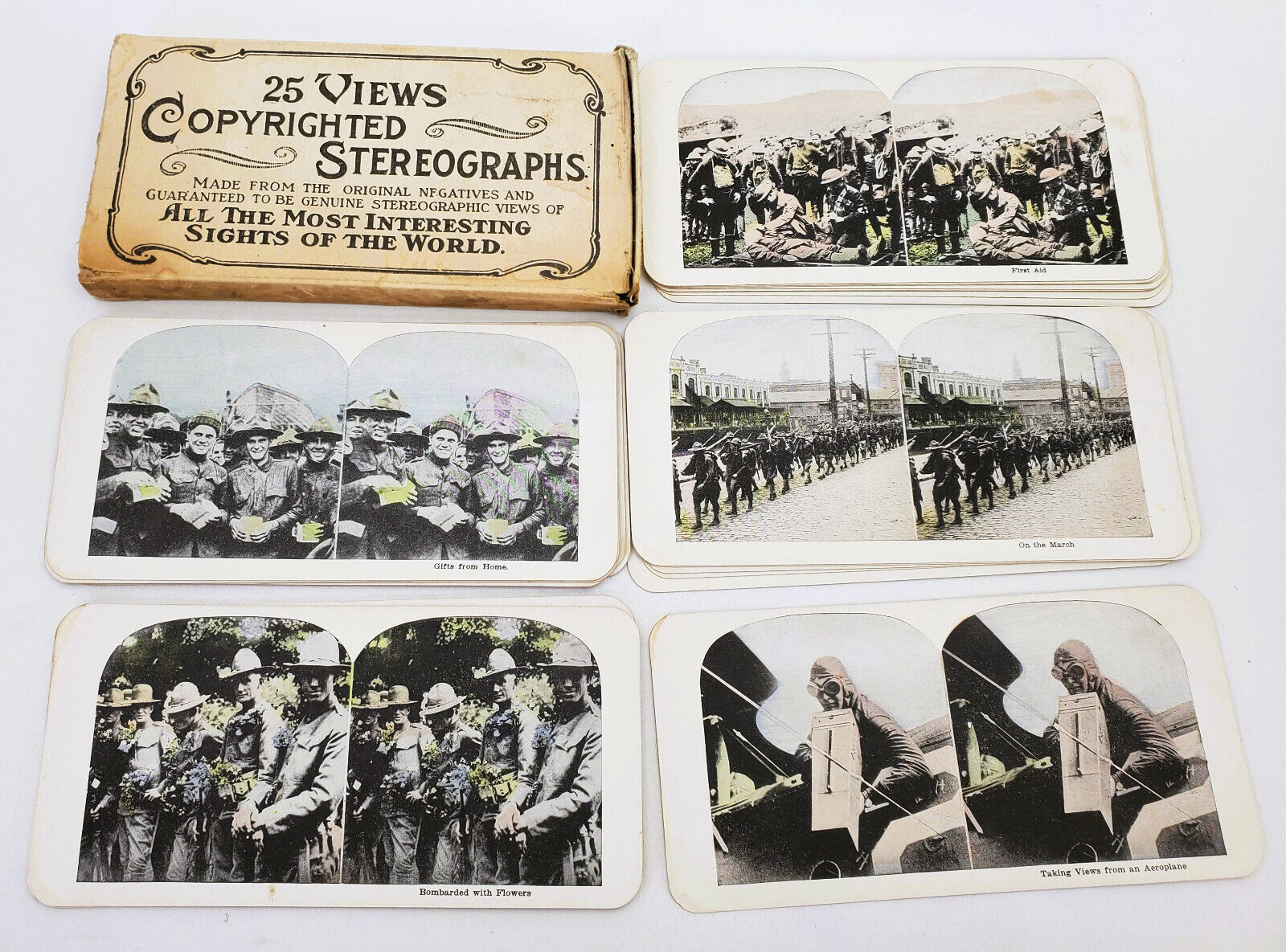 24 Vintage World War 1 Stereograph Views Colorized in Original Box VGC