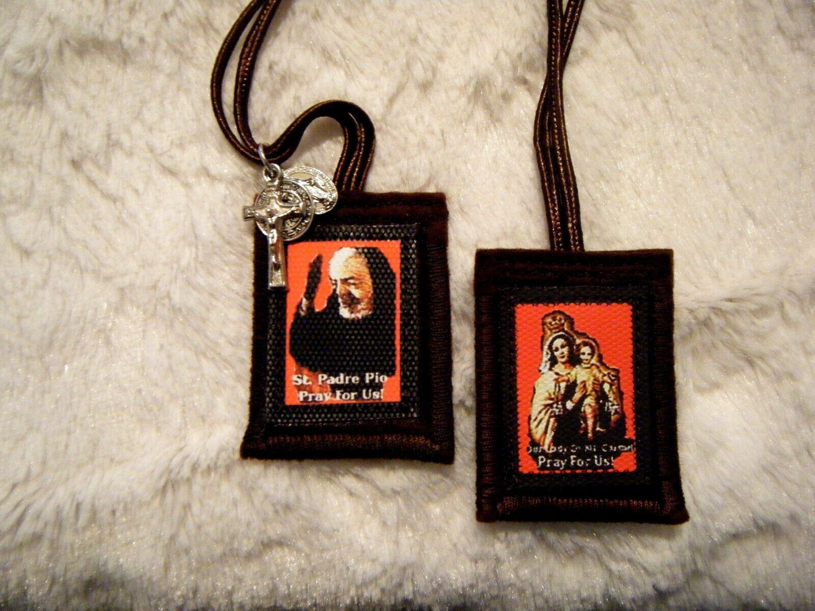 Padre Pio Brown Scapular Red Background Handmade 100% Wool Catholic Approved
