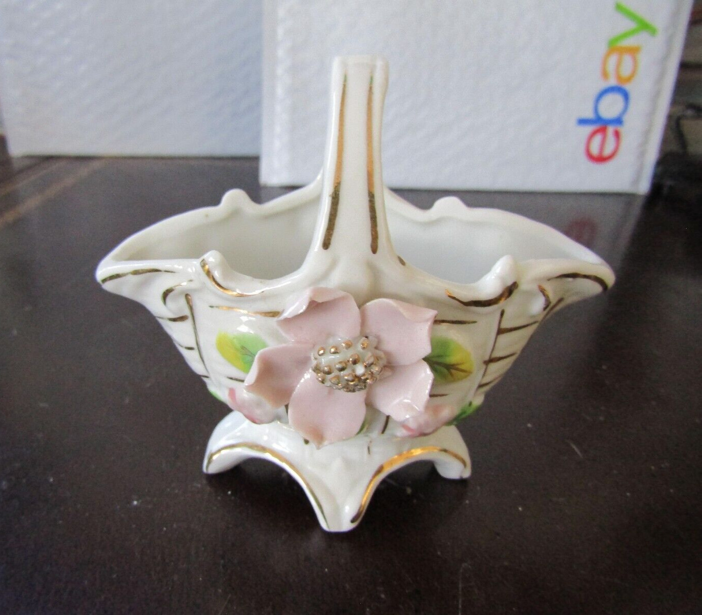 Vintage Made in Japan Porcelain Trinket Basket- Pink Flower- Gold Trim ~ 4.0