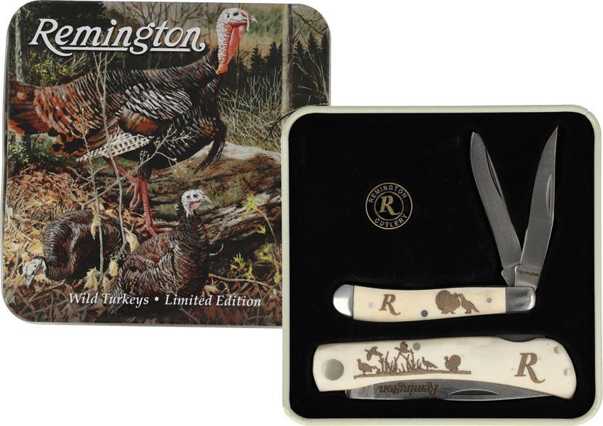 Remington Turkey Tin Collector Gift Set Pocket Knife Stainless Steel Blades Bone