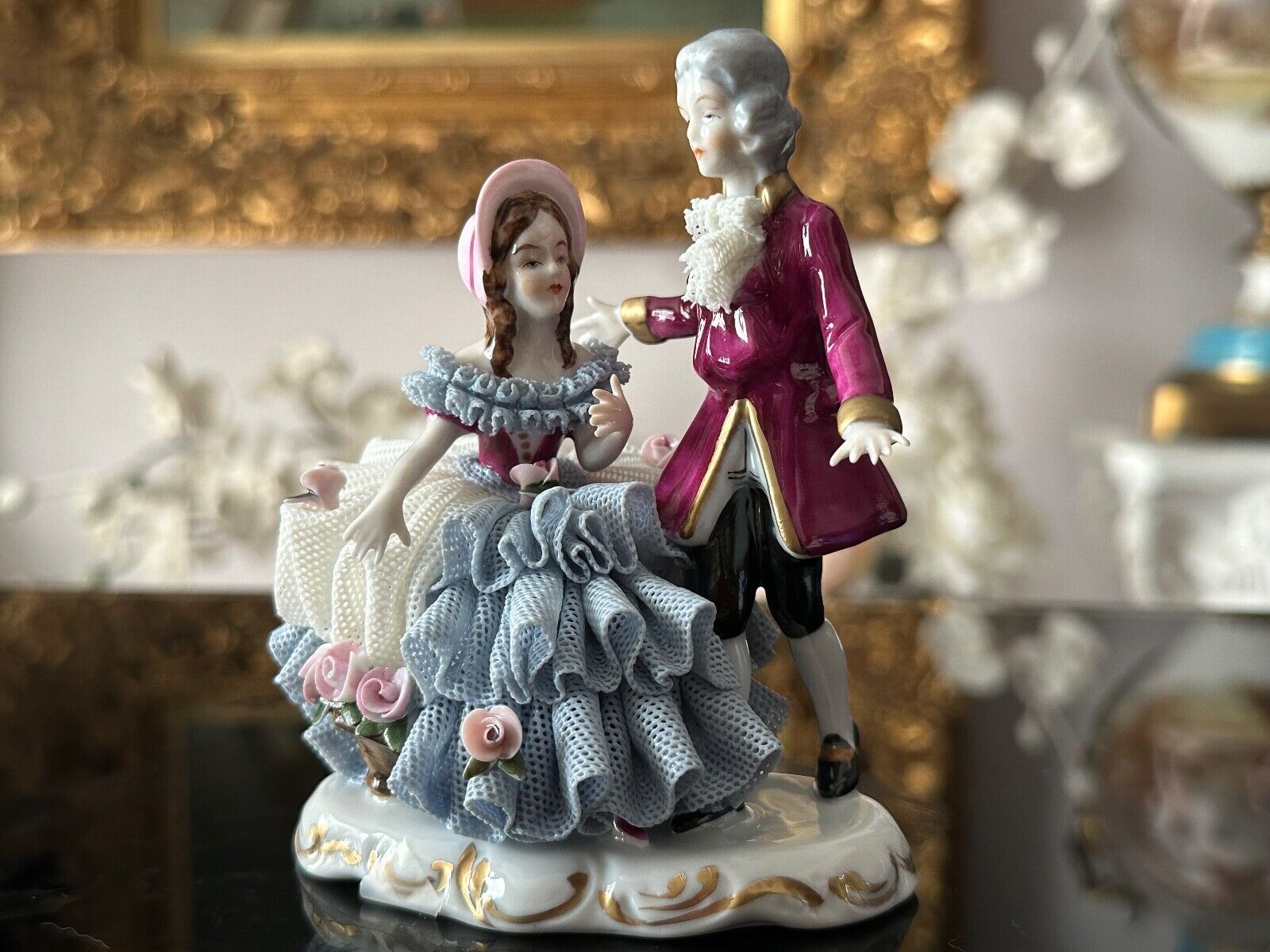 Vintage German Dresden Karl Klette Porcelain Lace Courting Couple Figurine 4.5”