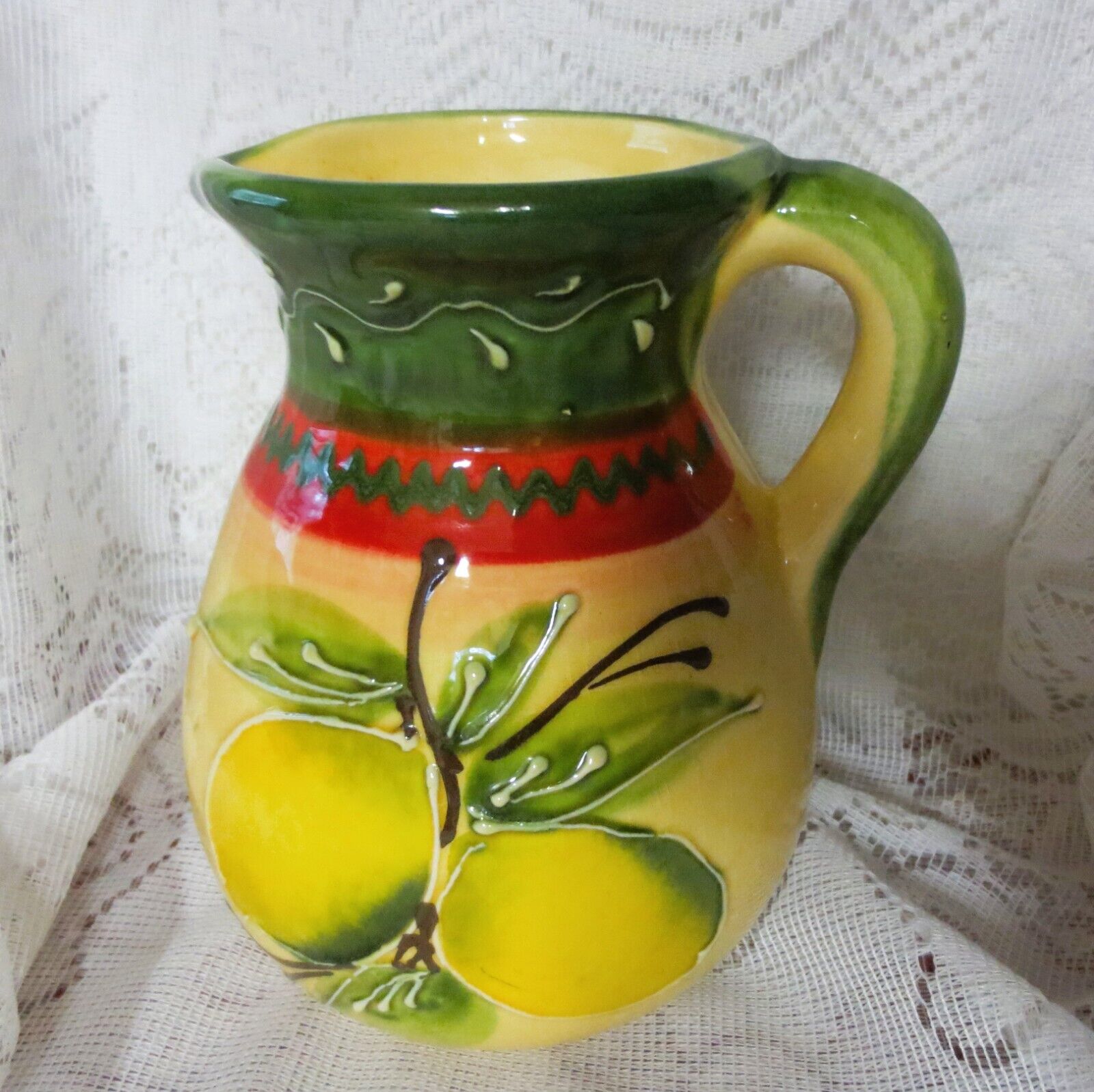 LEMONS PITCHER Vintage Hand Painted High Relief Detailing YELLOW Red Green SPAIN