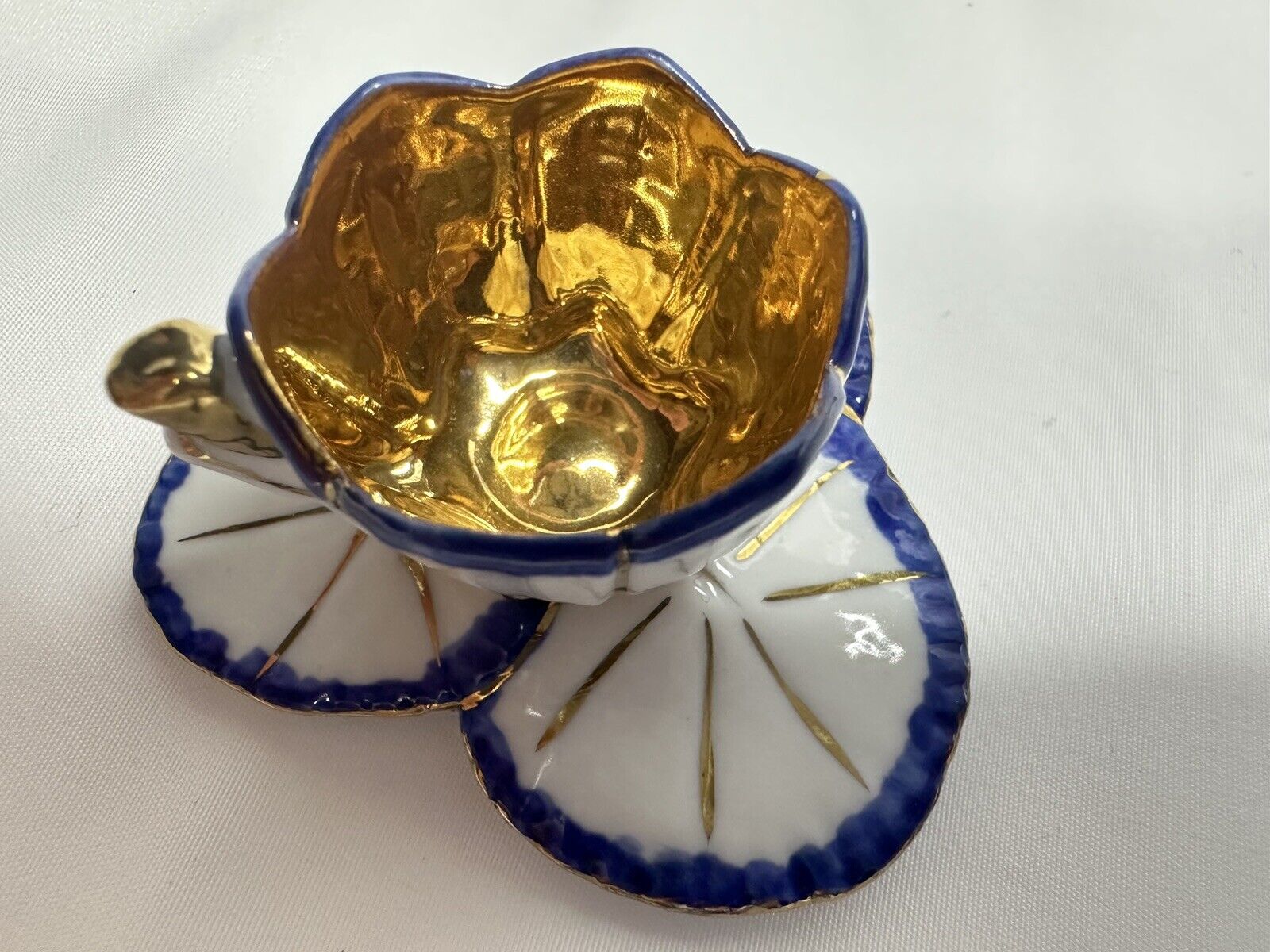 Antique Miniature Porcelain Teacup & Saucer Dollhouse Decor Gold Trim 